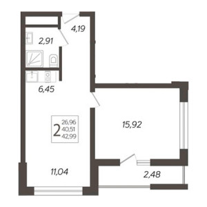 2 комнатная 42.99м²