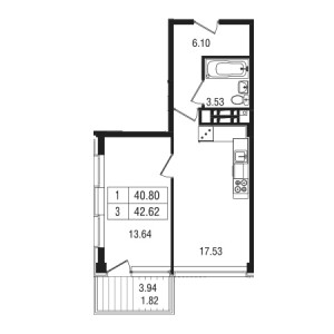 1 комнатная 42.62м²