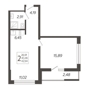 2 комнатная 42.94м²