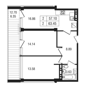 2 комнатная 63.45м²