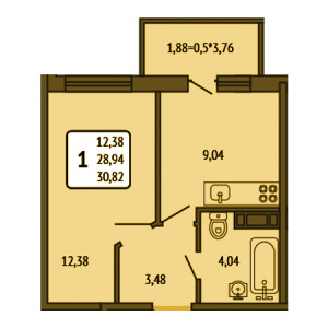 1 комнатная 30.82м²