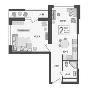 2 комнатная 42.86м²