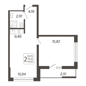 2 комнатная 42.83м²