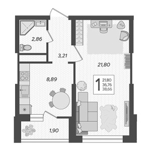 1 комнатная 38.66м²