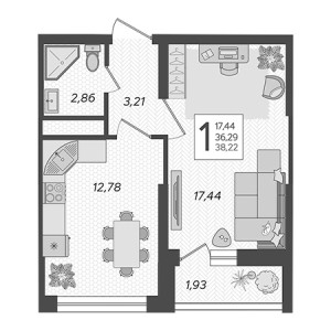 1 комнатная 38.22м²