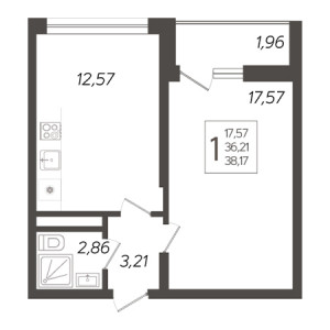 1 комнатная 38.17м²