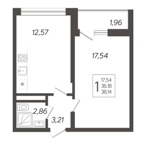 1 комнатная 38.14м²