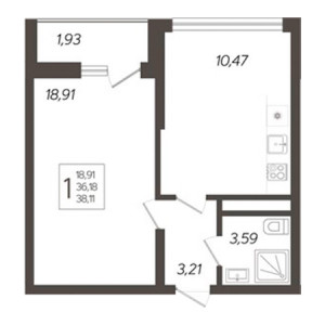 1 комнатная 38.11м²