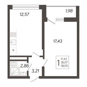 1 комнатная 38.05м²