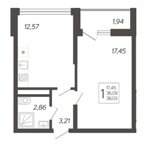 1 комнатная 38.03м²