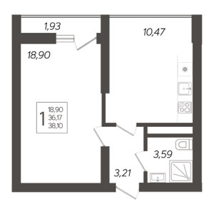 1 комнатная 38.1м²