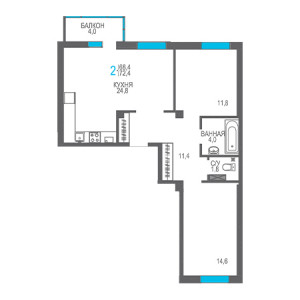 2 комнатная 72.4м²