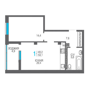 1 комнатная 53.1м²