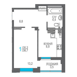 1 комнатная 38.7м²