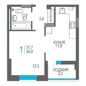 1 комнатная 34.9м²