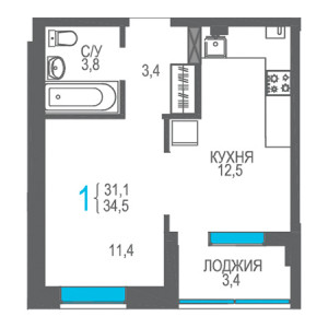 1 комнатная 34.5м²