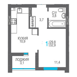 1 комнатная 32.9м²