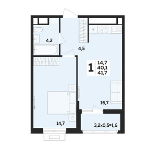 1 комнатная 41.7м²