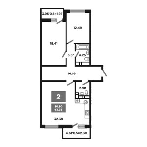 2 комнатная 93.33м²