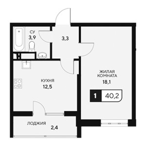 1 комнатная 40.2м²