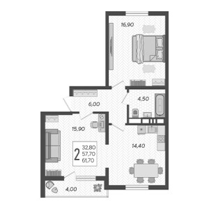 2 комнатная 61.7м²