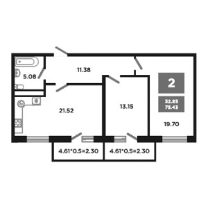 2 комнатная 75.43м²