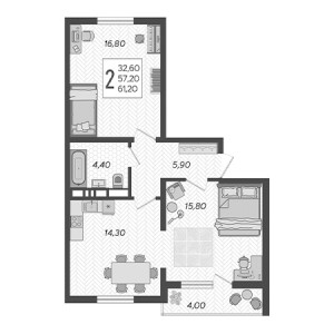 2 комнатная 61.2м²