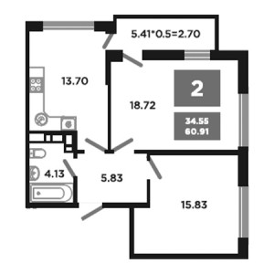 2 комнатная 60.91м²