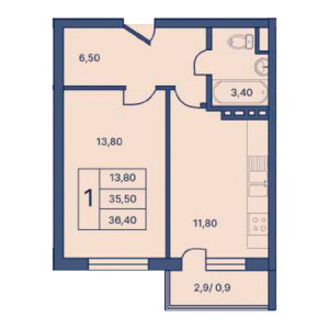 1 комнатная 36.40м²