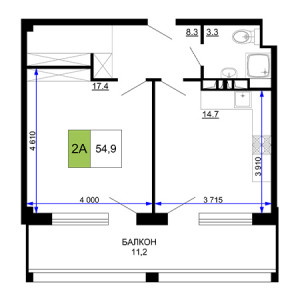 2 комнатная 54.9м²