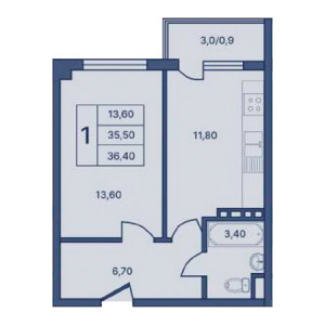 1 комнатная 36.40м²