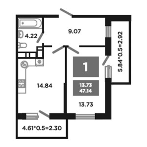 1 комнатная 47.14м²