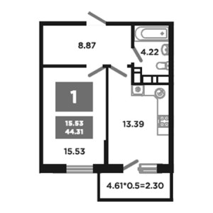 1 комнатная 44.31м²