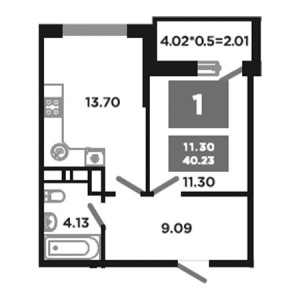 1 комнатная 40.23м²