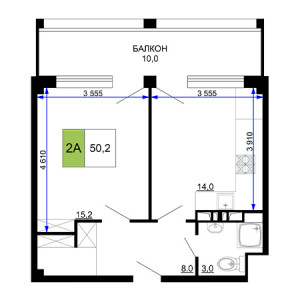 2 комнатная 50.2м²