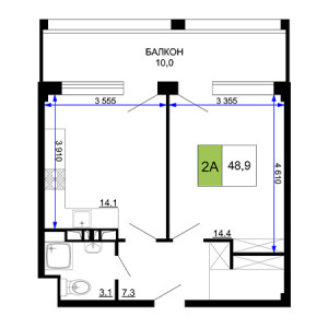 2 комнатная 48.9м²