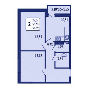 2 комнатная 56.89м²