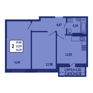 2 комнатная 54.39м²