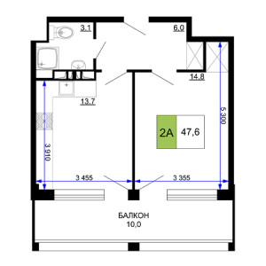 2 комнатная 47.6м²