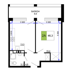 2 комнатная 46.3м²