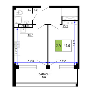 2 комнатная 45.9м²