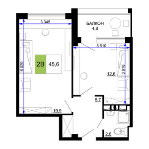 2 комнатная 45.6м²