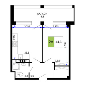 2 комнатная 44.3м²