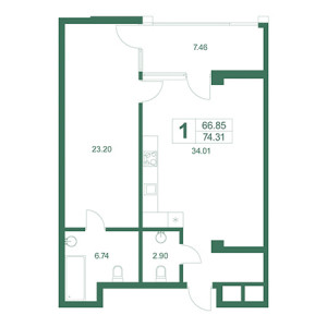 1 комнатная 74.31м²