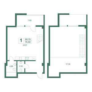 1 комнатная 76.6м²