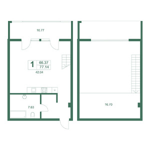 1 комнатная 77.14м²