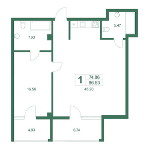 1 комнатная 86.53м²