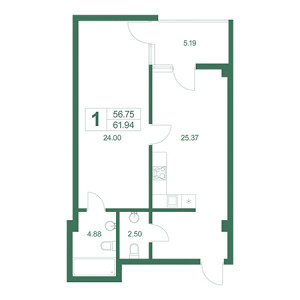 1 комнатная 61.94м²