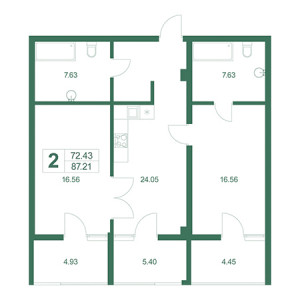 2 комнатная 87.21м²