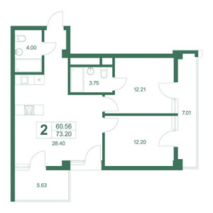 2 комнатная 73.2м²